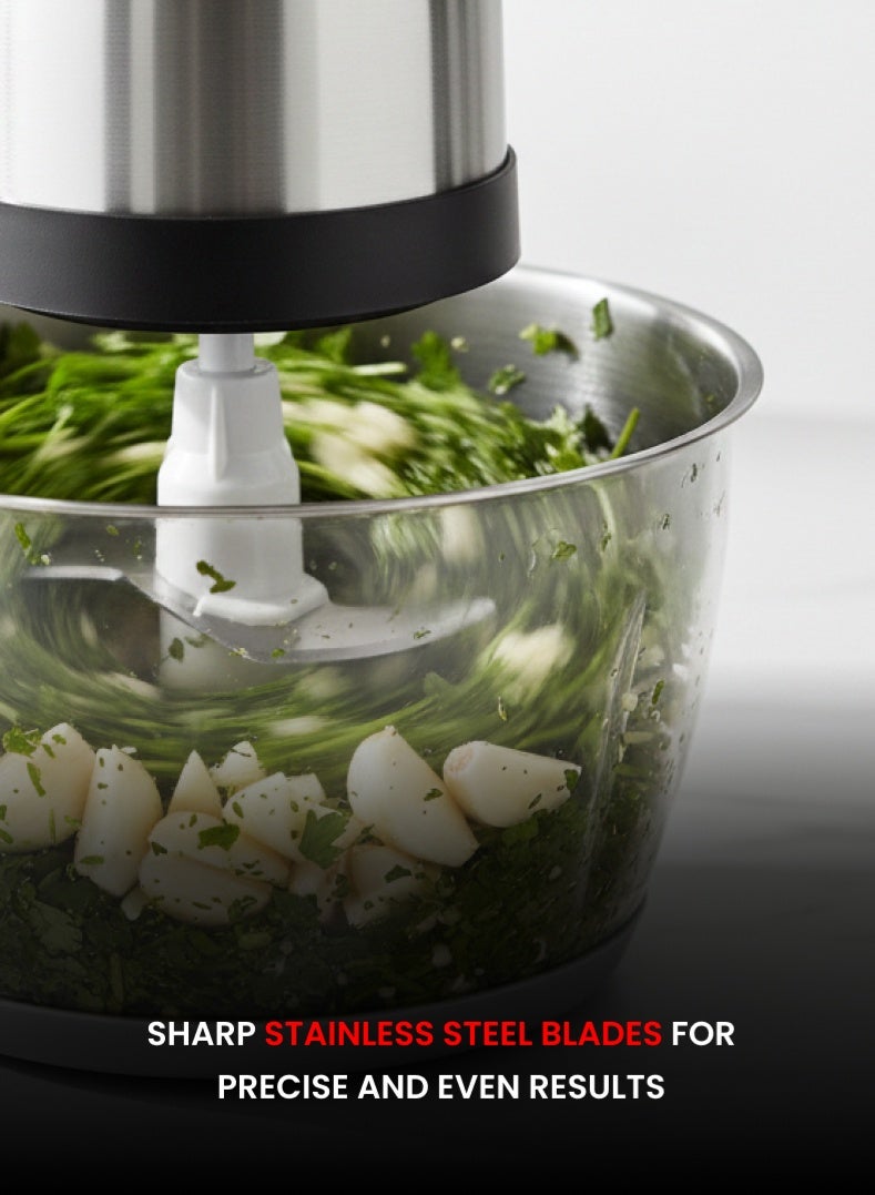 أوجيرا فرامة ومفرمة طعام كهربائية | وعاء ستانلس ستيل XXL سعة 2.0 لتر | تحكم بسرعتين | نظام 4 شفرات من الستانلس ستيل | محرك قوي 300 واط | تشغيل بلمسة واحدة | قاعدة مانعة للانزلاق | تصميم أنيق مدمج فضي/أسود | سهلة التنظيف | OG4000FC - Image 3